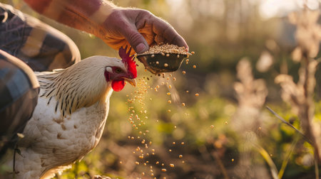 Farmer is feeding a rooster with grain in his hands.の素材