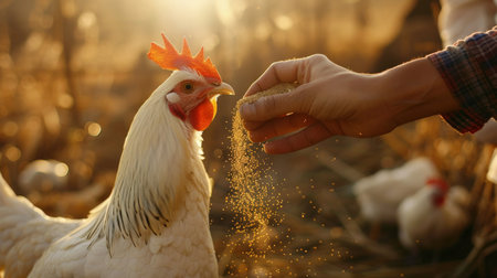 Farmer feeding white rooster with grain outdoors on sunny day, closeupの素材
