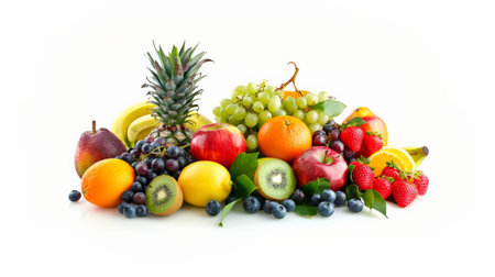 A variety of fruits including apples, oranges, bananas, grapes, pineapple, kiwi, and strawberries.の素材