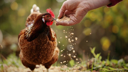 Female farmer feeding a chicken with peanuts in the garden. Selective focus.の素材
