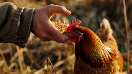 Chicken in the hands of a farmer. Selective focus. nature.の素材