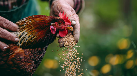 Farmer is feeding a rooster with grains in the garden.の素材