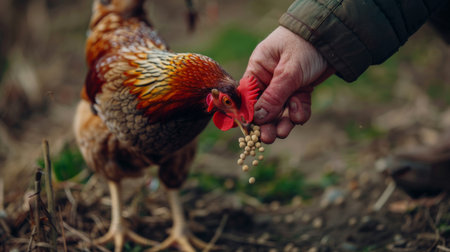 The hand of a man feeds a rooster in the village.の素材