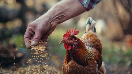 Farmer is feeding a rooster from a handful of seeds.の素材