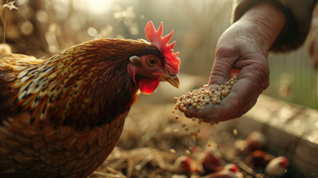 Hands of farmer feeding chicken with grains outdoors, closeup viewの素材