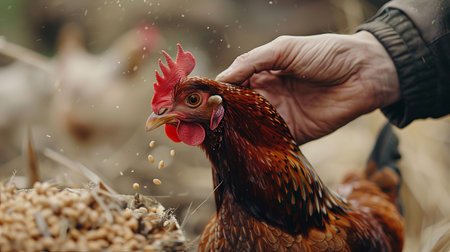 Close-up of a rooster in the hands of a farmerの素材