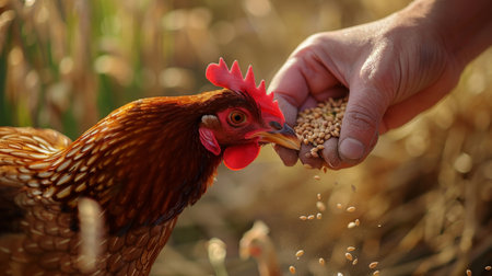 Farmer is feeding a chicken on a wheat field, closeupの素材