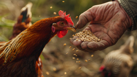 Hands of farmer feeding a rooster with sunflower seeds.の素材