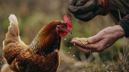 Farmer feeding a rooster with sunflower seeds in the gardenの素材