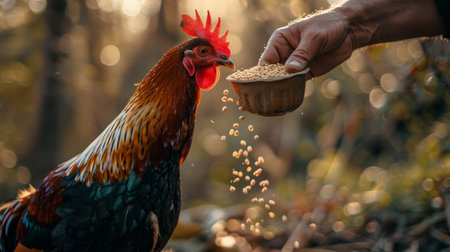 Male hand feeding rooster with grains in the nature. Rooster is a symbol of 2017.の素材