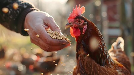 Farmer is feeding a rooster on a free range poultry farmの素材