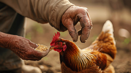 Farmer hand feeding a rooster with grain in the garden.の素材