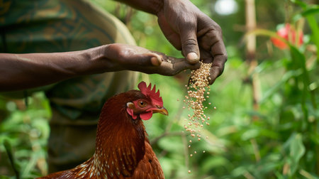 Farmer is feeding a rooster with grains in the garden.の素材