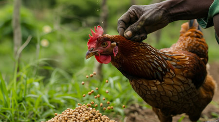 Farmer is feeding a chicken from a bowl of soybeans.の素材