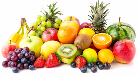A variety of fruits are arranged in a pile.の素材