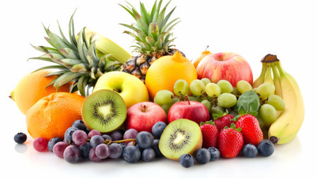 A variety of fruits including apples, grapes, bananas, pineapple, kiwi, strawberries, blueberries, and oranges.の素材
