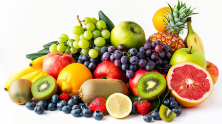 A variety of fruits are arranged together on a white background.の素材