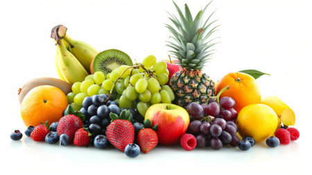 A variety of fruits including apples, grapes, bananas, pineapple, oranges, and strawberriesの素材