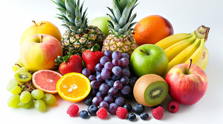 A variety of fruits including apples, pineapples, grapes, bananas, and oranges.の素材
