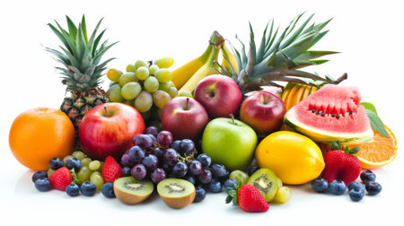 A variety of fruits including apples, bananas, grapes, pineapple, watermelon, kiwi, strawberries, blueberries, and oranges.の素材