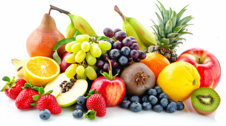 An assortment of fruits including apples, bananas, grapes, pears, pineapple, kiwi, strawberries, blueberries, and oranges.の素材