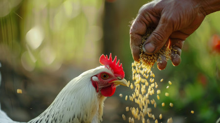 Rooster eating seeds from hand of farmer. Rooster is a symbol of Chinese New Year.の素材