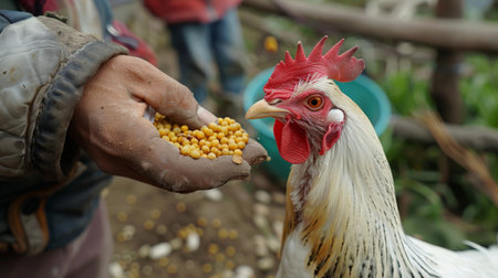 Rooster in the hands of a farmer with corn on the farmの素材