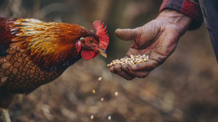 Farmer is feeding a rooster with grains in his hands.の素材