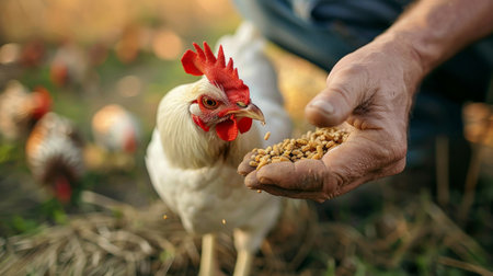 Farmer is feeding a rooster with grains on the farm.の素材