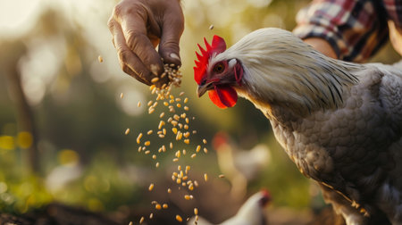 Farmer is feeding a rooster on a farm. Selective focus.の素材