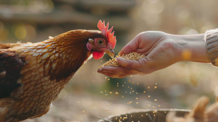 Close up of female farmer feeding chicken with grain. Rooster on the farm.の素材