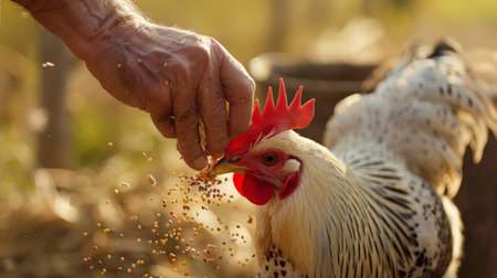 Farmer is feeding a rooster in the garden. Selective focus.の素材