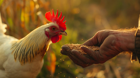 Farmer feeding rooster with grains in his hands, closeupの素材