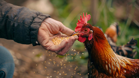 Farmer is feeding a rooster with grains from the hand.の素材