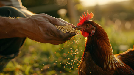 Farmer is feeding rooster with grain in the garden at sunset.の素材