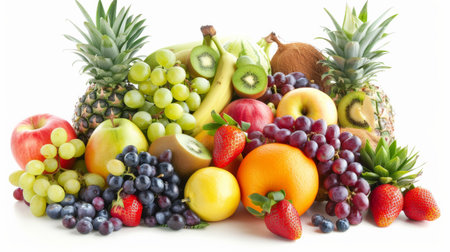 A variety of fruits including apples, grapes, bananas, pineapple, kiwi, and strawberriesの素材