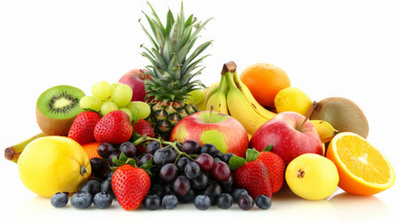 A variety of fruits including strawberries, blueberries, grapes, bananas, pineapple, kiwi, and applesの素材