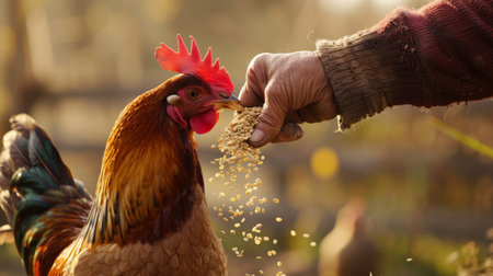 Farmer is feeding a rooster on the farm. Selective focus.の素材