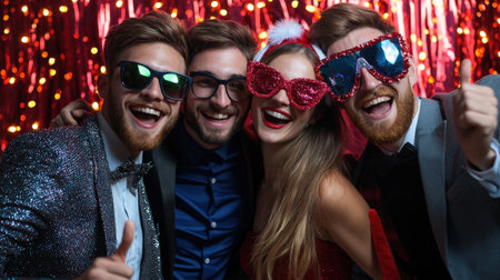 Festive fun in holiday photo booth, coworkers with propsの素材