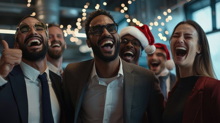 Office team laughing in photo booth with holiday propsの素材