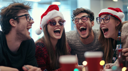 Group of coworkers at office party, laughing in holiday photo boothの素材