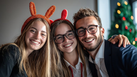 Office team in photo booth, enjoying holiday propsの素材