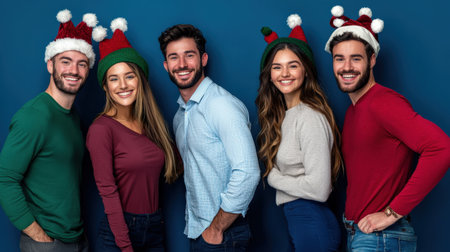 Office holiday photo booth fun, coworkers with festive hats, Canon EOS R5 high-resolution captureの素材