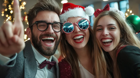 Business holiday photo booth session, festive props and joyful coworkersの素材