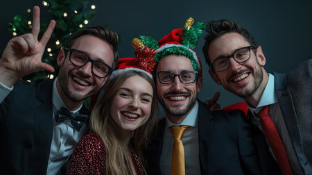 Smiling coworkers with holiday props in office photo boothの素材