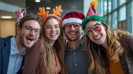 Office holiday celebration in photo booth, coworkers with festive accessoriesの素材