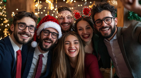 Business holiday photo booth fun with festive propsの素材