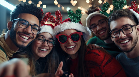 capture of coworkers with holiday photo booth props, perfect for festive brandingの素材