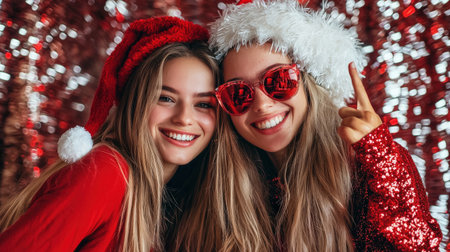 Smiling coworkers with holiday accessories in photo boothの素材
