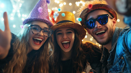 Office party photo booth session, festive hats and propsの素材